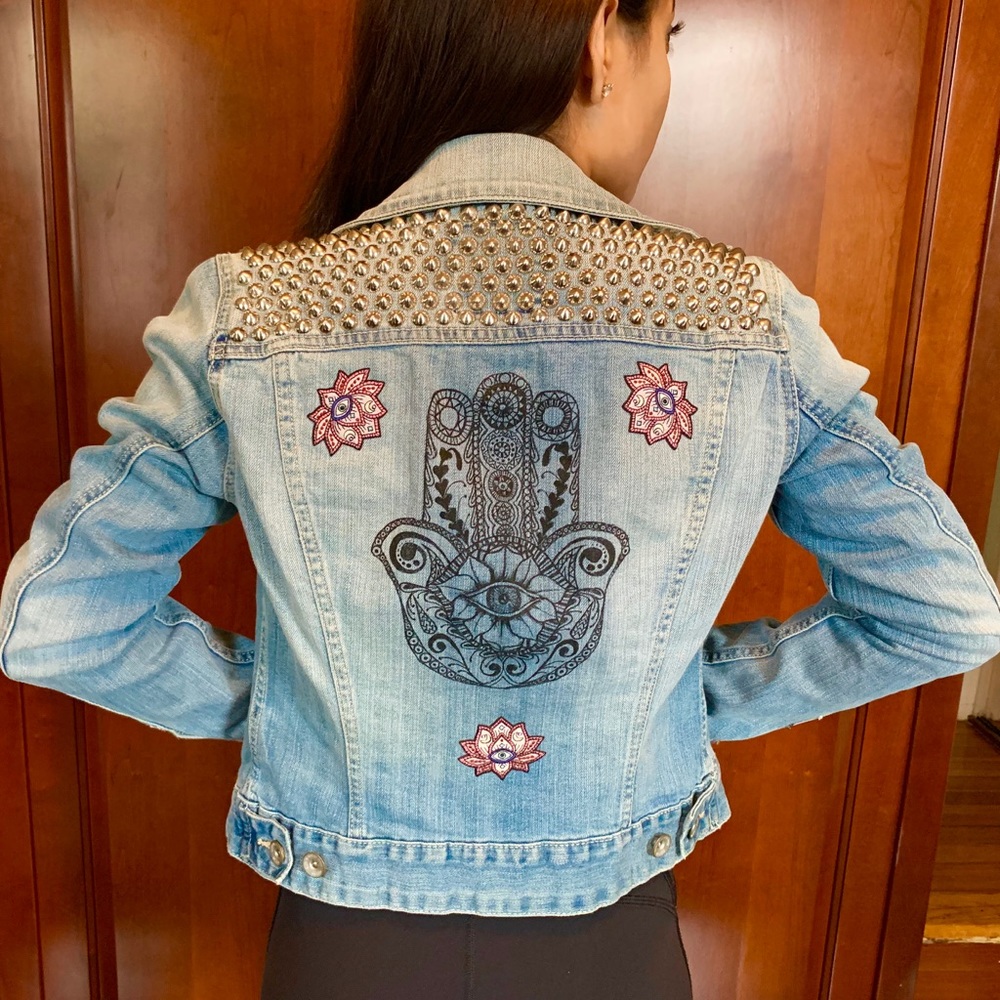 Studded Denim Jacket w/ Hand Drawn Hamsa Hand